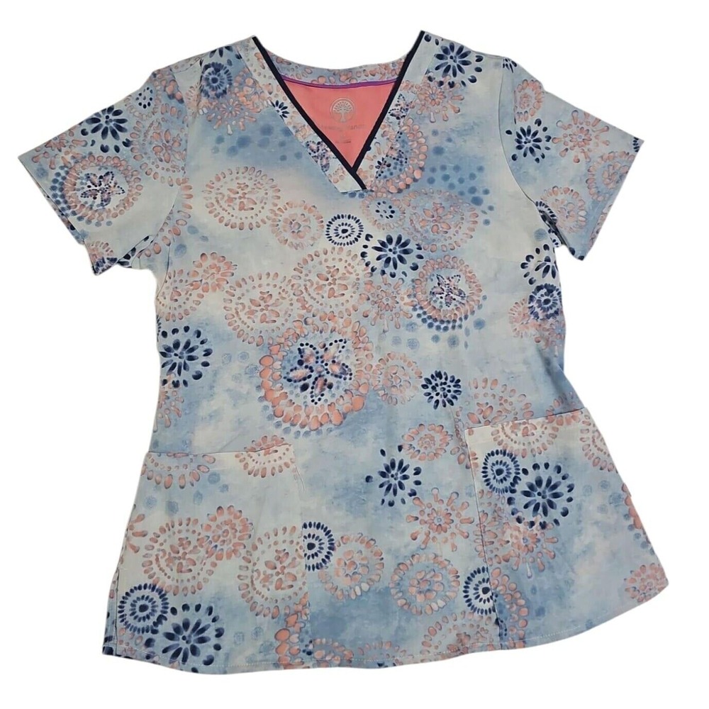 healing hands Blue and Pink Floral Print V-Neck Scrub Top